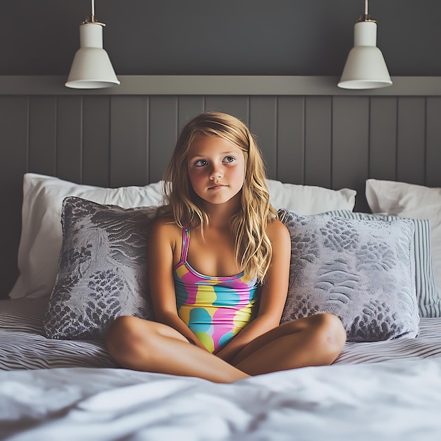 Photo a girl sits on a bed with a pillow with the word quot on it