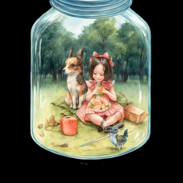 A girl sits on a blanket with a dog and a jar of food.