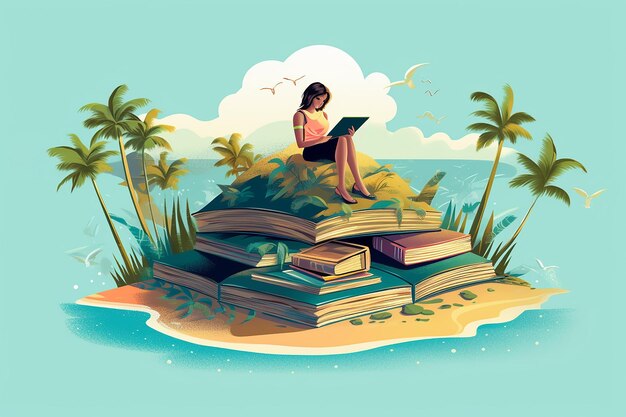 Photo a girl sits on a book with a palm tree on the top of it