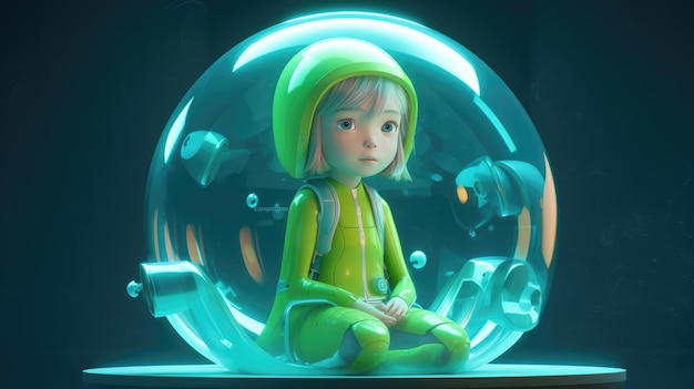 A girl sits in a bubble with the word pixar on it.