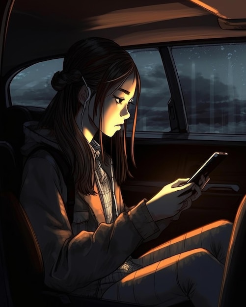 A girl sits in a car looking at her phone.