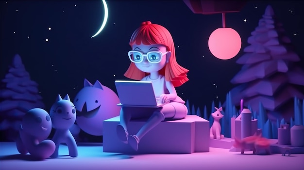 A girl sits on a couch in a dark room with a pink glow in the background and a blue cat and a dog.