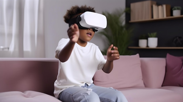 A girl sits on a couch wearing a virtual reality headset.