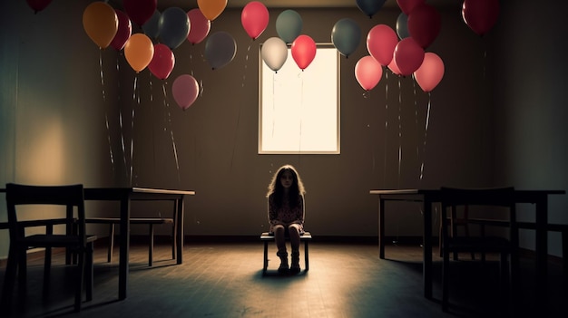 A girl sits in a dark room with balloons hanging from the ceiling.