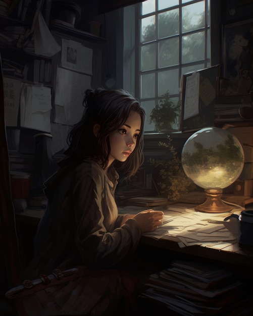 A girl sits at a desk in a dark room, reading a book.