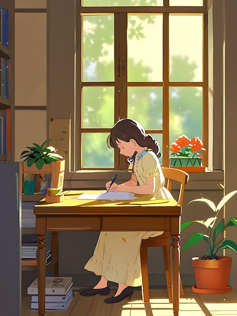 a girl sits at a desk in a library with a book titled the word on it