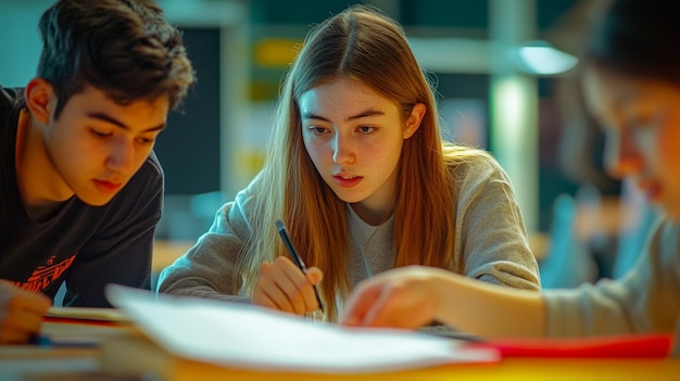 Photo a girl sits at a desk and talks with a man in a grey shirt