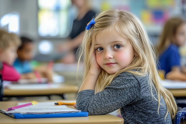 a girl sits at a desk with a blue pen in her hand