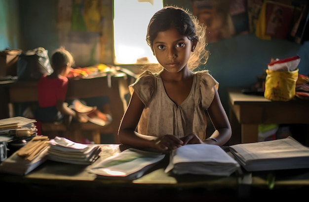 A girl sits at a desk with books and a book titled " a child ".