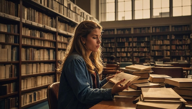 a girl sits at a desk with books in front of her