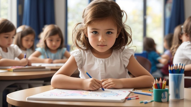 a girl sits at a desk with a drawing of a girl in a white dress