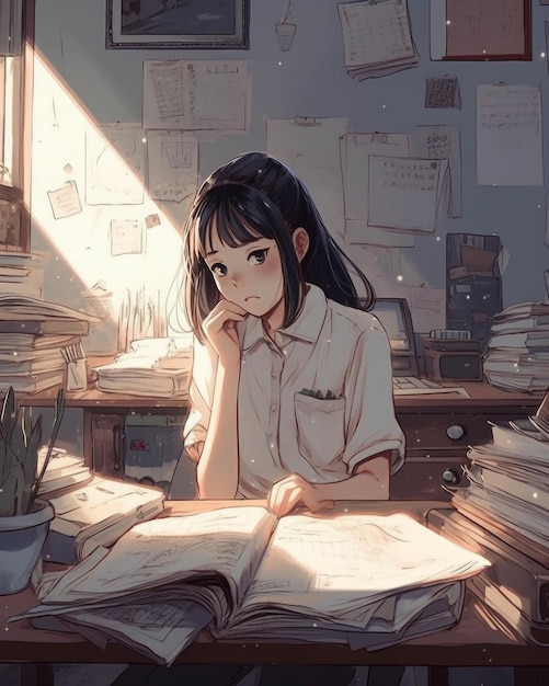 A girl sits at a desk with a lot of books.