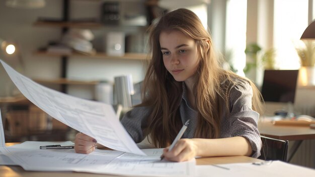 Photo a girl sits at a desk and writes in a notebook