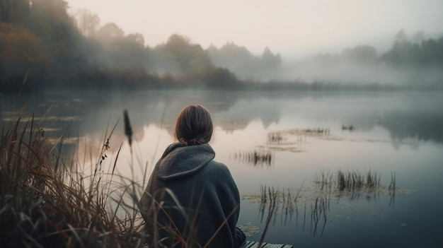 A girl sits on a dock in front of a lake with the sun shining on her hoodie.