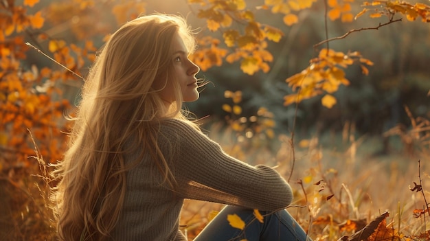 a girl sits in a field of autumn leaves