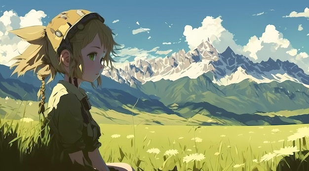 A girl sits in a field of flowers with mountains in the background.