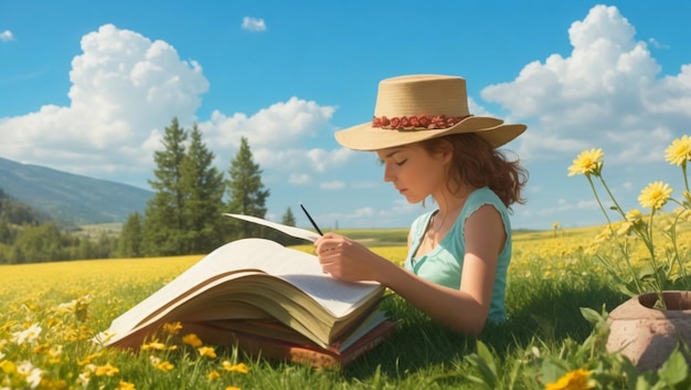 a girl sits in a field with a book titled  a girl