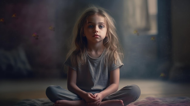 A girl sits on the floor in front of a window with a smoke coming out of her eyes.