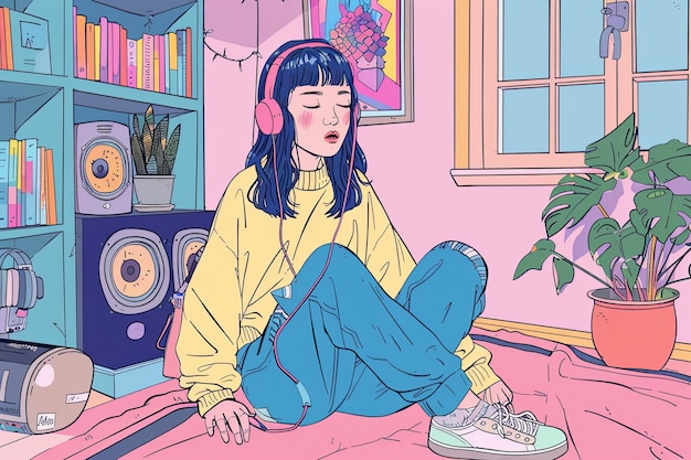 A girl sits on the floor wearing headphones listening to music