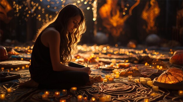 Photo a girl sits in front of a candle lit table with candles in the background