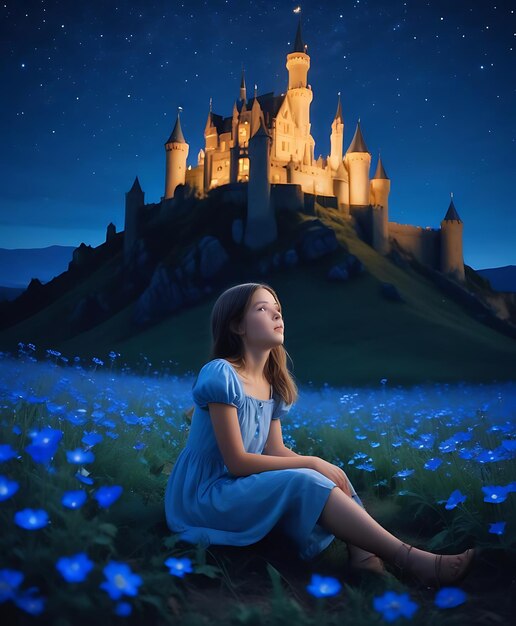 Photo a girl sits in front of a castle with flowers in the foreground