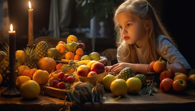 A girl sits in front of a table full of fruit.