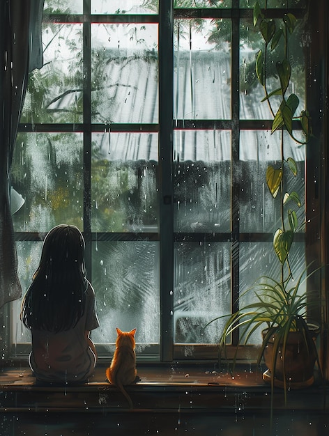 a girl sits in front of a window with a cat on the window sill