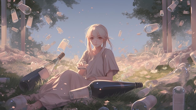 A girl sits on the grass and drinks a bottle of wine.