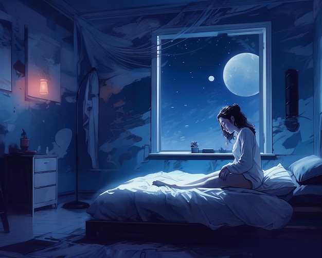 A girl sits in her bed in front of a window with the moon and the moon in the background