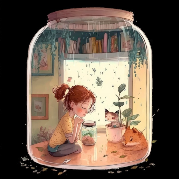 A girl sits in a jar with a cat inside.