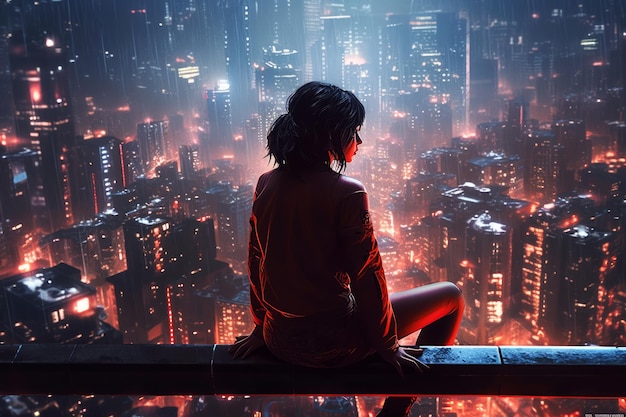 A girl sits on a ledge looking at a cityscape