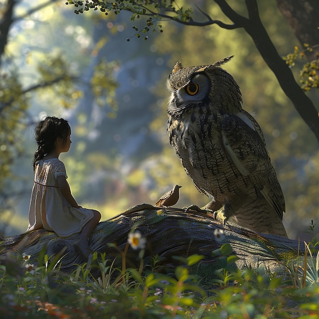 a girl sits on a log with an owl in the background