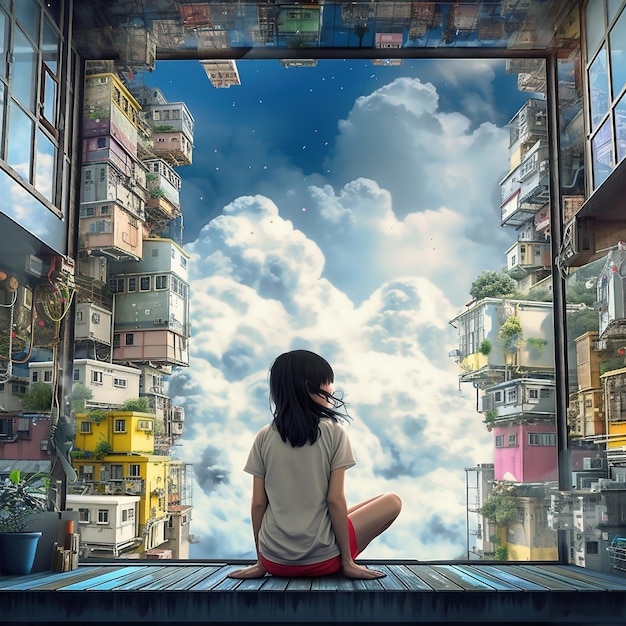 A girl sits in a room with a picture of a city and the sky is blue.