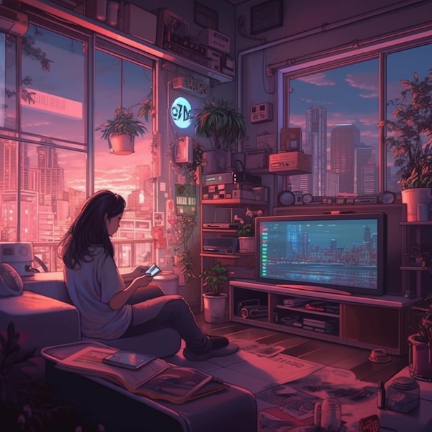 A girl sits in a room with a tv that says'the city of tokyo '