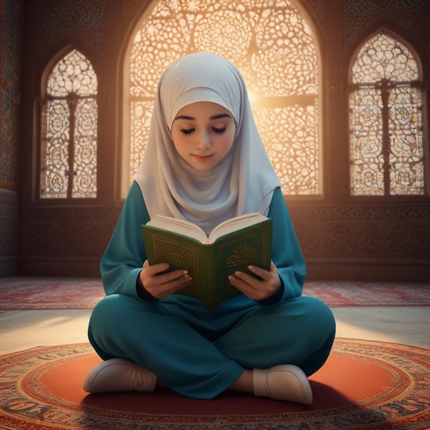 Photo a girl sits on a rug and reads a book