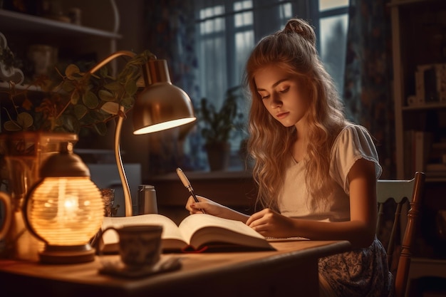 A girl sits at a table in a dark room, reading a book.