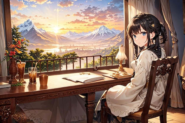 A girl sits at a table in front of a window with mountains in the background.