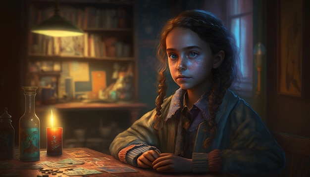 A girl sits at a table in front of a window with a puzzle piece in the background.