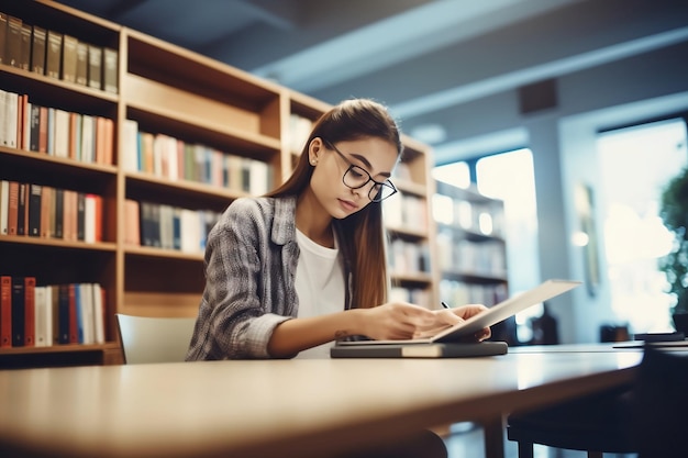 A girl sits at a table in a library reading a book.