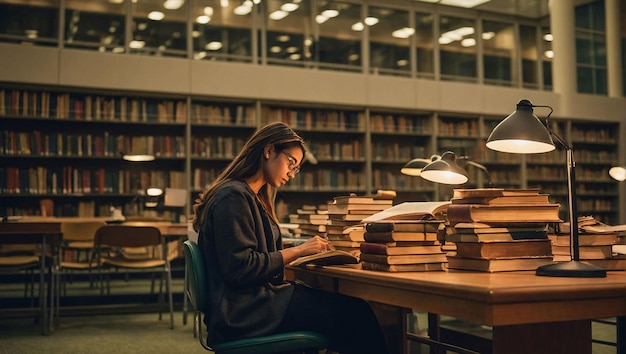 a girl sits at a table with a book in her lap