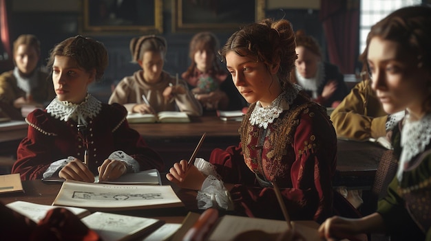 a girl sits at a table with a drawing of a girl in a red dress