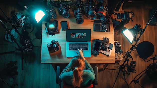 a girl sits at a table with a laptop and camera on it