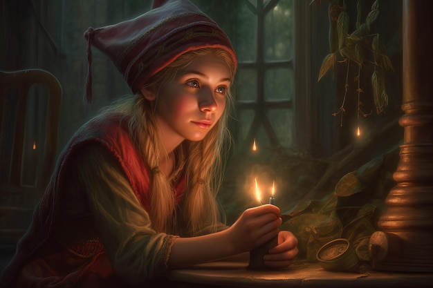 A girl sits at a table with a lit candle in her hands.