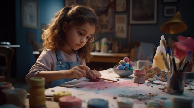 A girl sits at a table with a table covered in paint and a paintbrush.