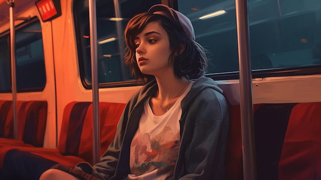 A girl sits on a train looking out at a night time.