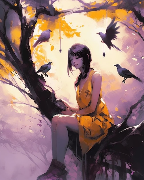 A girl sits on a tree with birds flying around her.