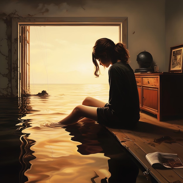 A girl sits in the water looking out to the ocean.