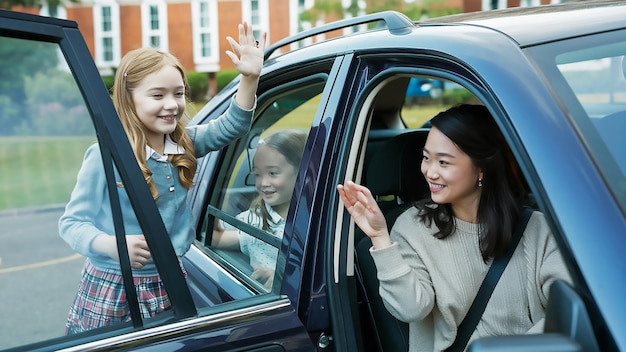 a girl sits with her mother and her mother while her mother writes on a notebook