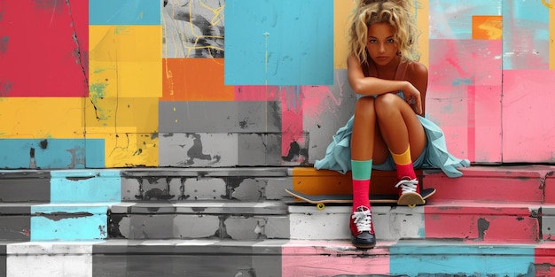 Photo girl sitting on colorful wall artistic mood urban style