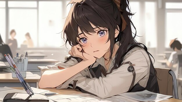 a girl sitting at a desk